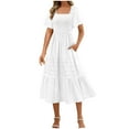 thumbnail image 2 of ZHYou No Boundaries Women Smocked Tiered Midi Dresses Casual Frock Square Neck Short Sleeve Flowy Dresses with Pockets,White,M, 2 of 9