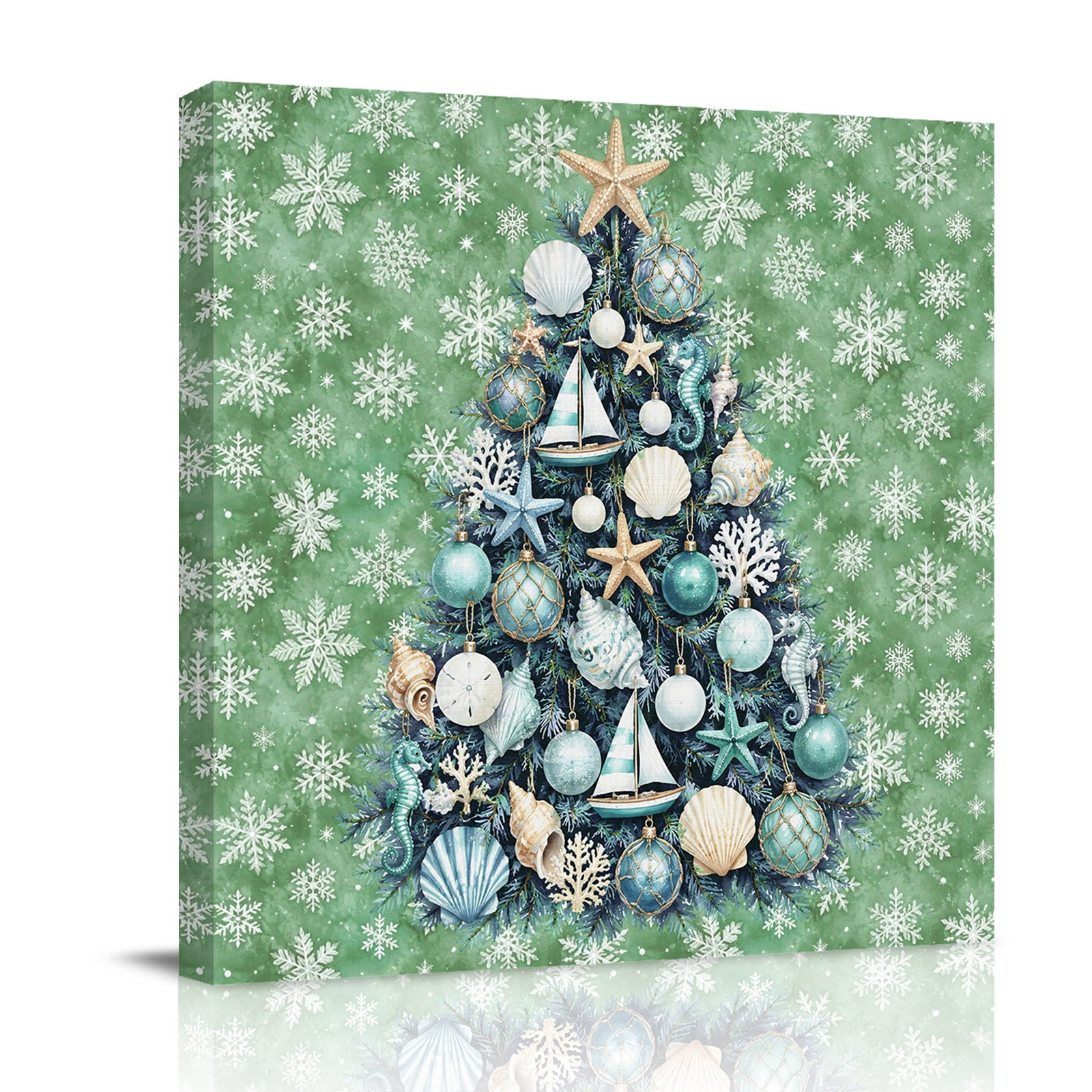 Canvas Wall Art Nautical Christmas Tree Framed Canvas Prints for Bathroom Kitchen Green Snowflake Xmas Coastal Gallery Wrapped Wall Decor for Home Office Gifts 10 x10 Ship Next Day