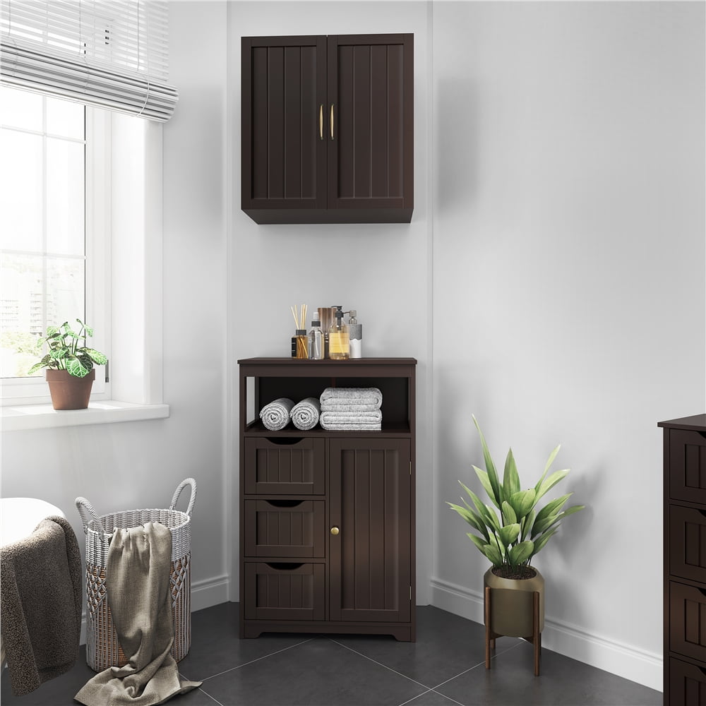Yaheetech Wooden Floor Cabinet w/ Multi-Tiers & 3 Drawers, Espresso