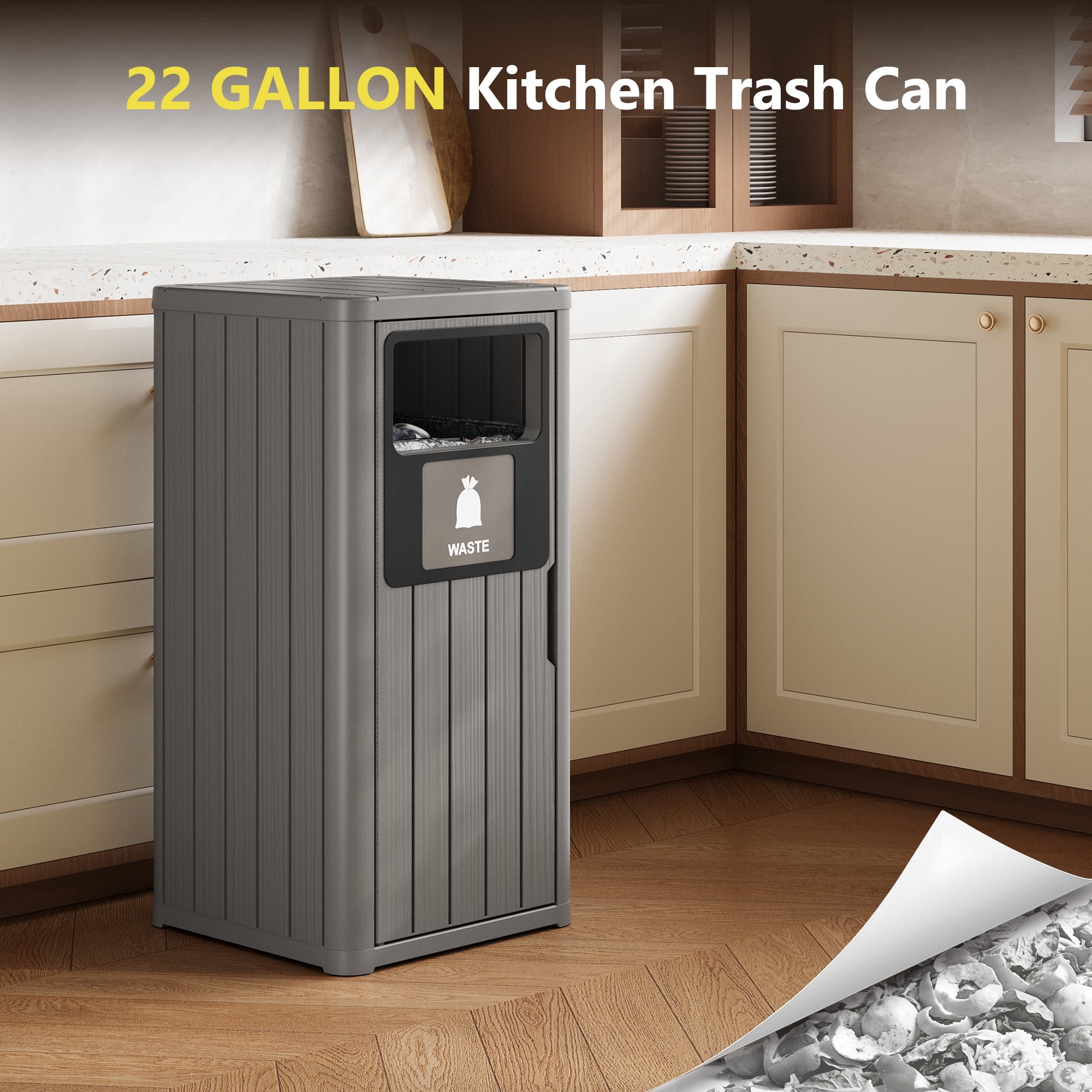 Nihsuao 42 Gallon Resin Trash Can, Durable & Waterproof Outdoor Garbage Bin with Garbage Labels, Weather-Resistant Waste Bin for Indoor Kitchen, Outdoor Porch, Backyard, (Gray, 1)