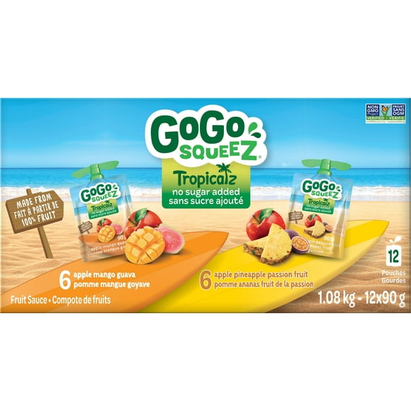 GoGo squeeZ Tropicalz Fruit Sauce Variety Pack, Mango Guava, Pineapple Passion Fruit, No Sugar Added. 90g per pouch, Pack of 12, 1.08kg