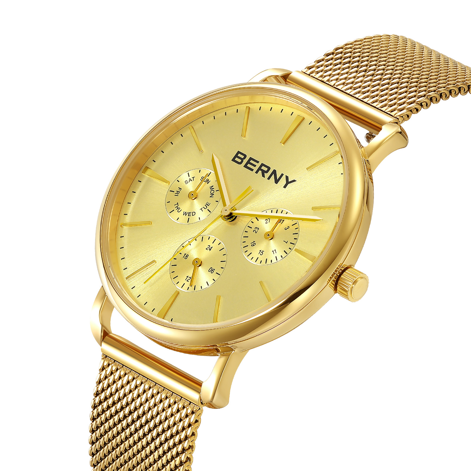 BERNY Quartz Watch for Unisex ( Men and Women), Classic Waterproof Men's Wirstwatch with Multifunctional Dials, Quick Release Stainless Steel Mesh Band, Gold Dial