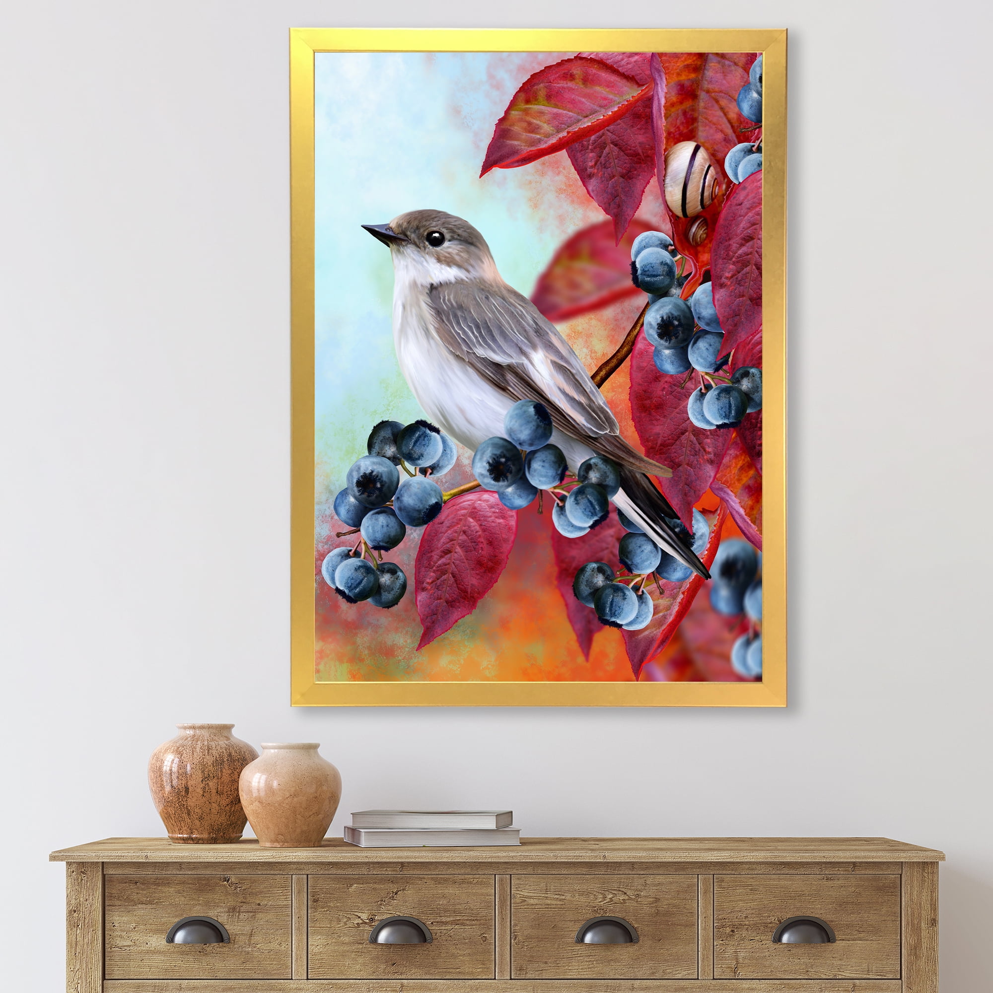 Designart 'Close Up Little Gray Bird On Red Autumn On Blueberry Twig' Traditional Framed Art Print