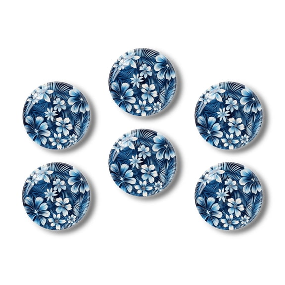 Glass Refrigerator Magnet 6Pcs Magnetic Fridge Sticker,Decor for Kitchen,Whiteboard,Cabinet,Blue Toned Tropical Floral Pattern