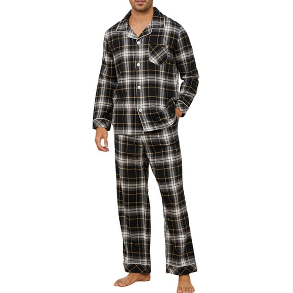 U2SKIIN Men's 100% Cotton Flannel Pajama Sets, Soft Plaid PJS Long Sleeve Sleepwear 2 Piece Button Down Lounge Setļ¼Black- Yellow Plaid,Largeļ¼