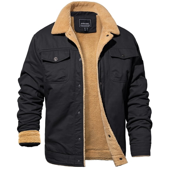 Men's Winter Thick Cotton Jacket Sherpa Lined Warm Trucker Casual Cargo Coat with Multi Pocket Black L