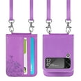thumbnail image 2 of SaniMore for Samsung Galaxy Z Flip 3 (6.7" 2021) Case, PU Leather Skin with Card Slots Detachable Crossbody Lanyard Stylish Embossed Flower Anti-scratch Anti-drop Shockproof Girly Shell, Purple, 2 of 21