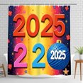 thumbnail image 1 of Vibrant 2025 New Year Shower Curtain Colorful Numerals Background Festive Design with Glittering Stars & Blue Christmas Ball, 1 of 4