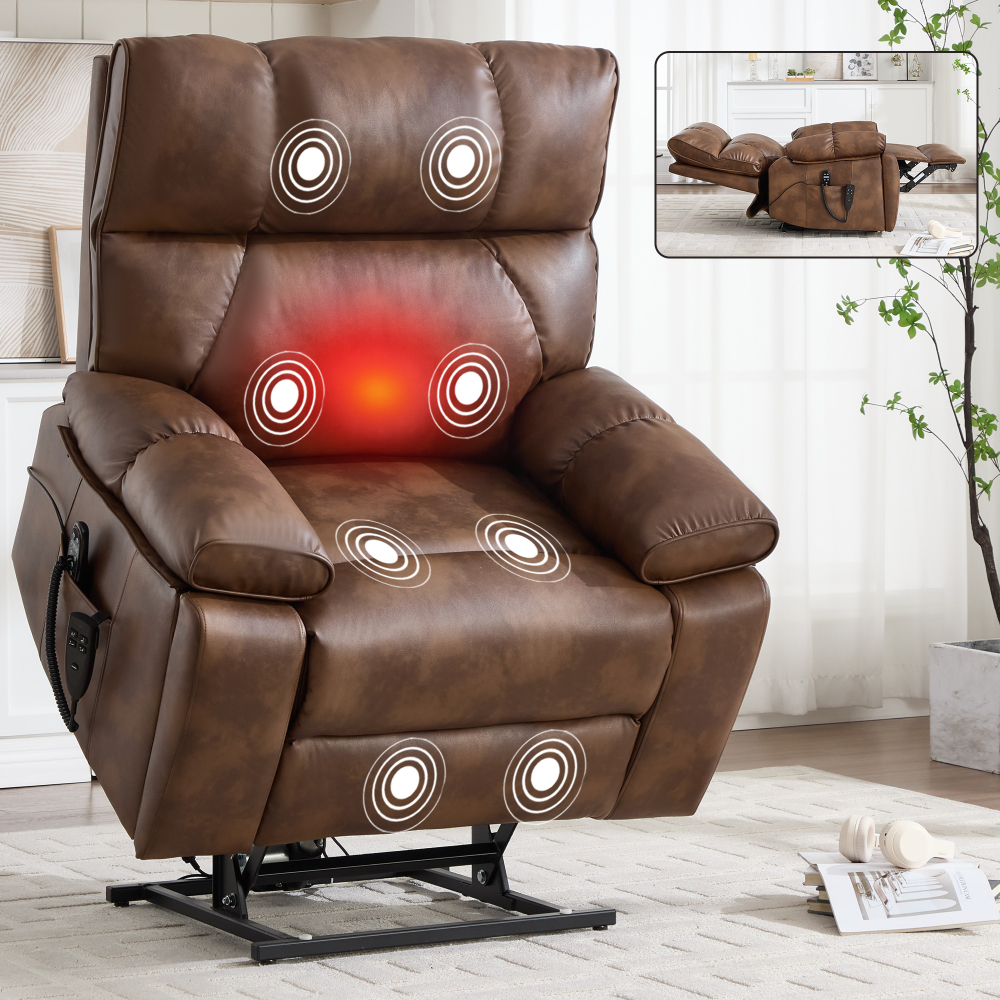 Heavy Duty Power Lift Recliner 350LBS,  Light Brown Leatheraire with Heat Massage, Infinite Positions & Hidden Cup Holders