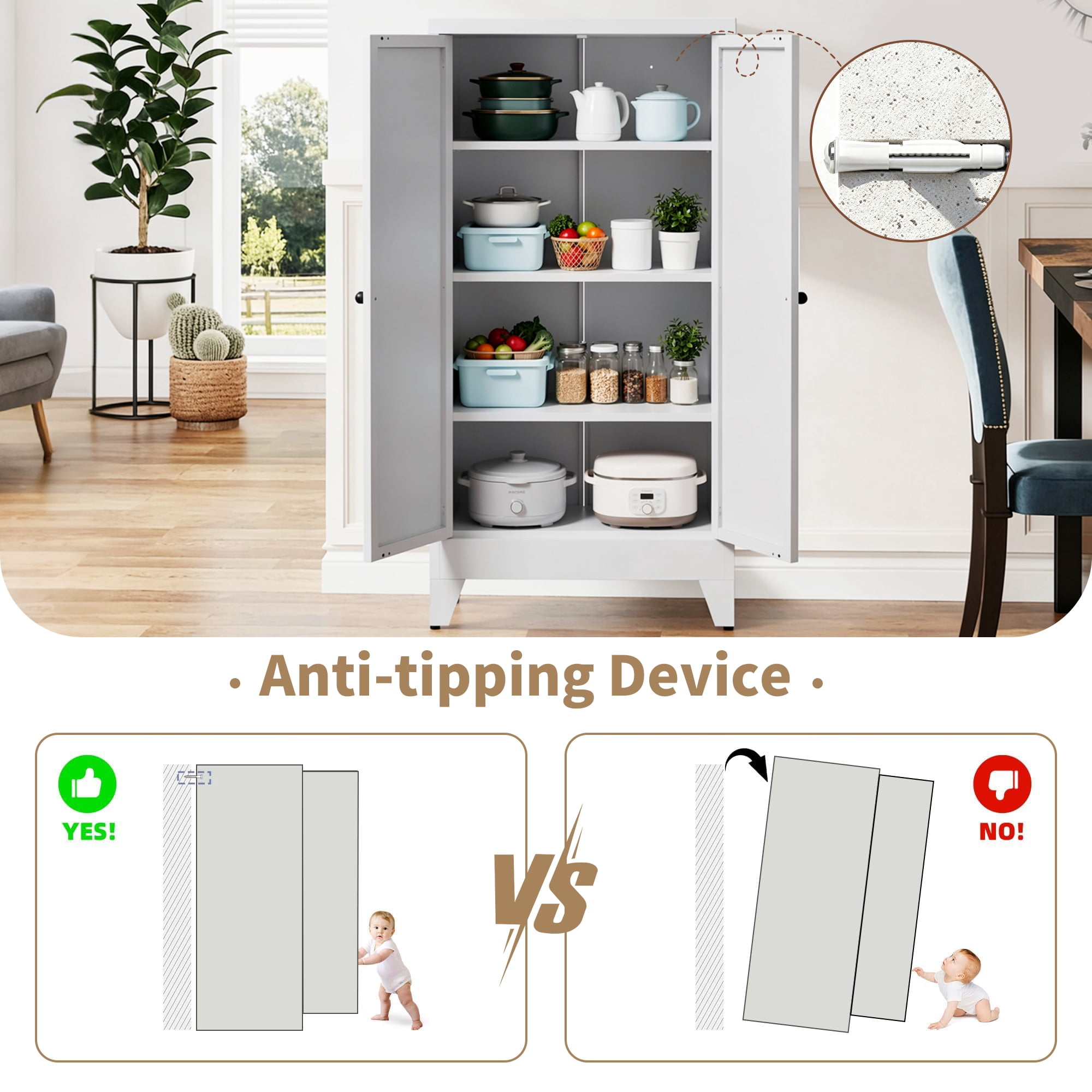 Freestanding Metal Kitchen Pantry Cabinet, 3 Adjustable Heavy‑Duty Storage Shelves (110lbs Each), Anti‑Tip Organizer for Kitchen Pantry Living Room Bathroom
