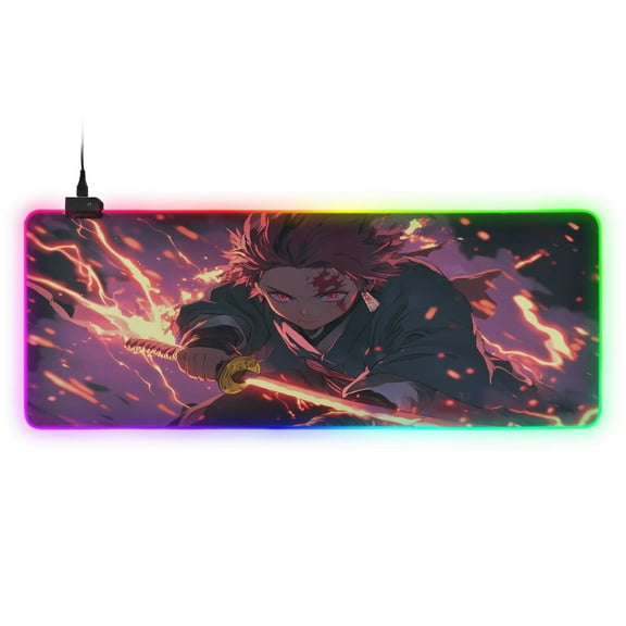 Large RGB Gaming Mouse Pad Led Glowing Mousepad Non-Slip Rubber Base 13 Light Modes 31.5x11.8 Kamado Tanjirou Waving Sword
