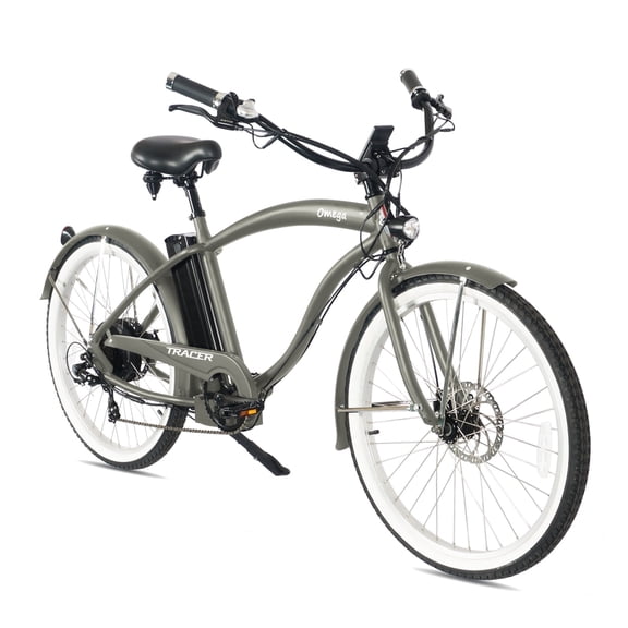 Tracer Omega 26" Electric Bike, 500W Rear Motor, 7-speed, 25mph, 48V/14Ah, 30 to 45 Miles, 5 PAS, Disc Brake, for Men, Matte Gray
