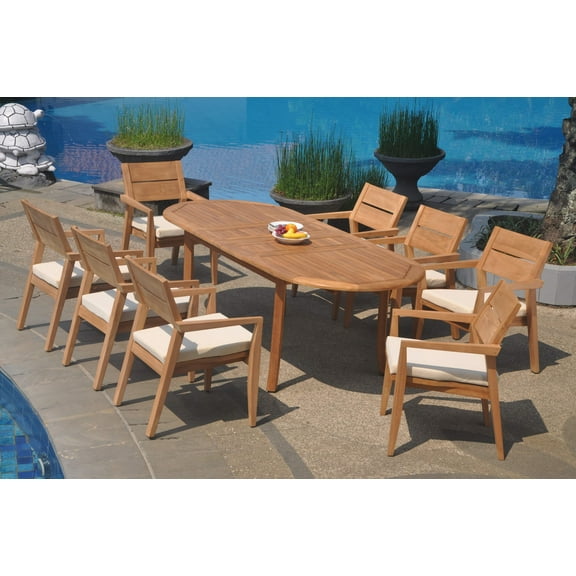 Grade-A Teak Dining Set: 8 Seater 9 Pc: 94" Double Extension Oval Table And 8 Vellore Stacking Arm Chairs Outdoor Patio WholesaleTeak #WMDSWVm