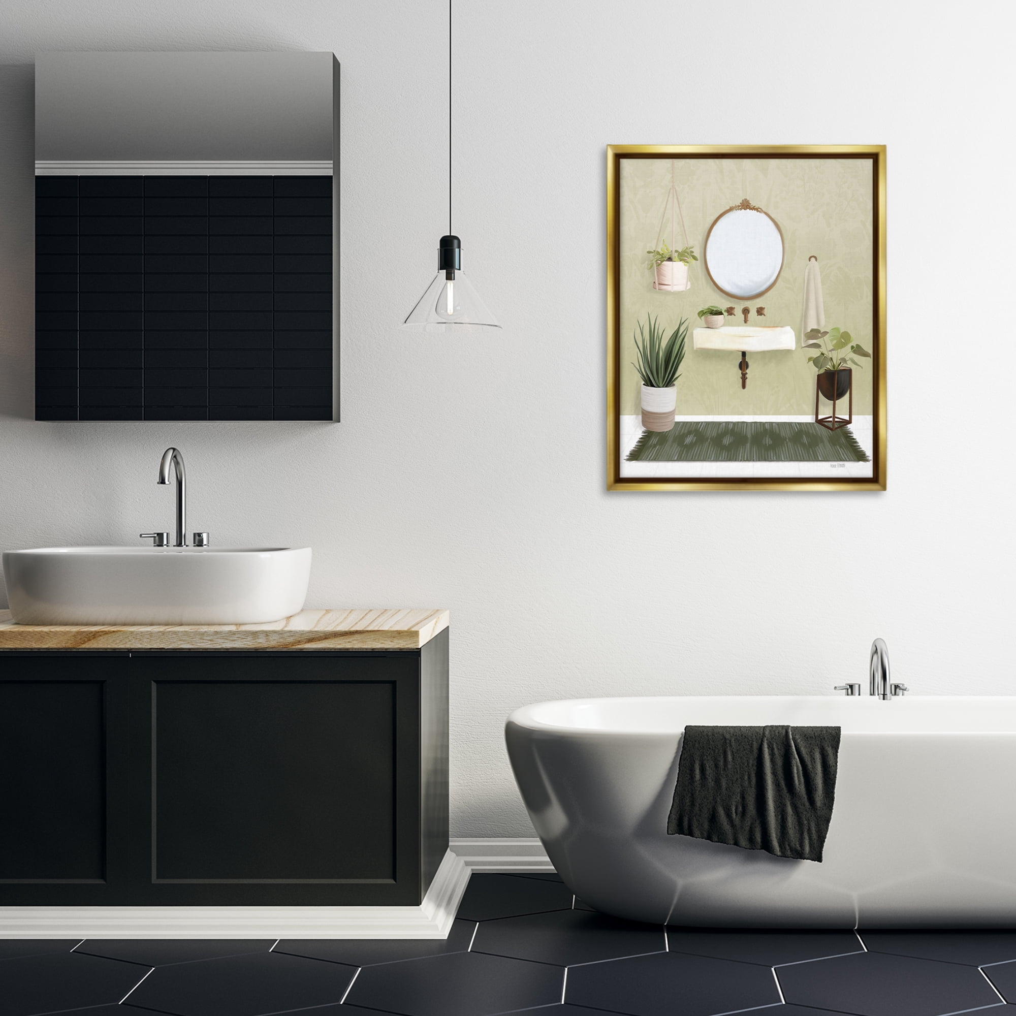 Stupell Industries Soothing Bathroom with Plants Bath & Laundry Painting Gold Floater Framed Canvas Art Print Wall Art, 25 x 31
