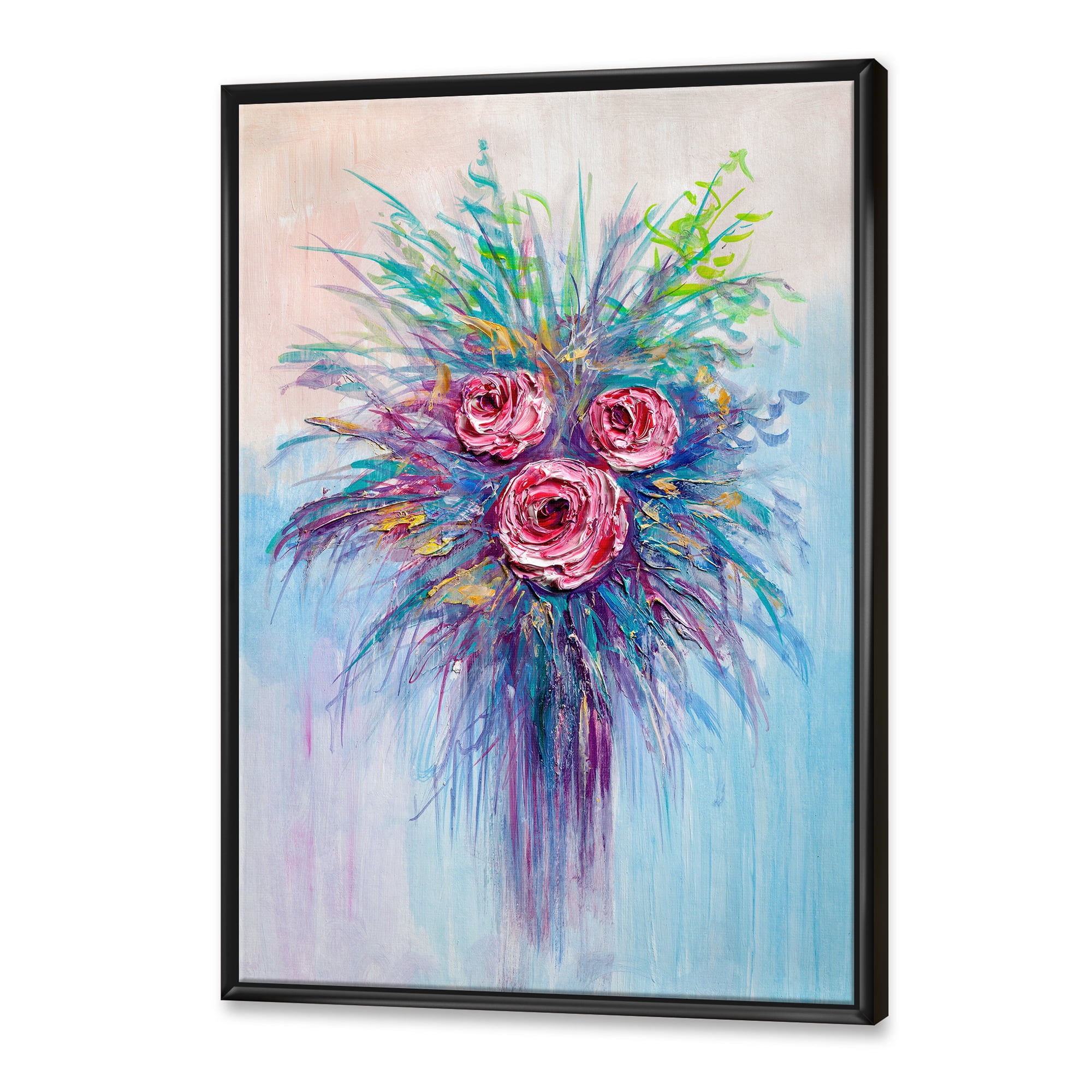 Designart 'Bouquet Of Red Roses In A Vase On Blue' Traditional Framed Canvas Wall Art Print