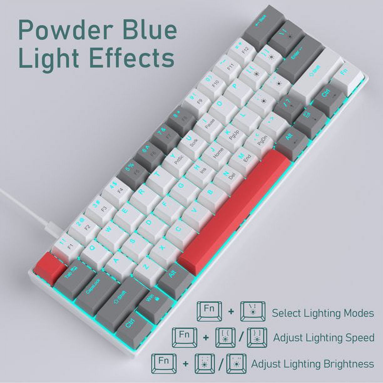 60 Percent Mechanical Gaming Keyboard, Red Gaming Keyboard with Red Switches, Detachable Type-C Cable 60% Mini Keyboard with Powder Blue Light for Windows/Mac/PC/Laptop Gray & White/Red Switches