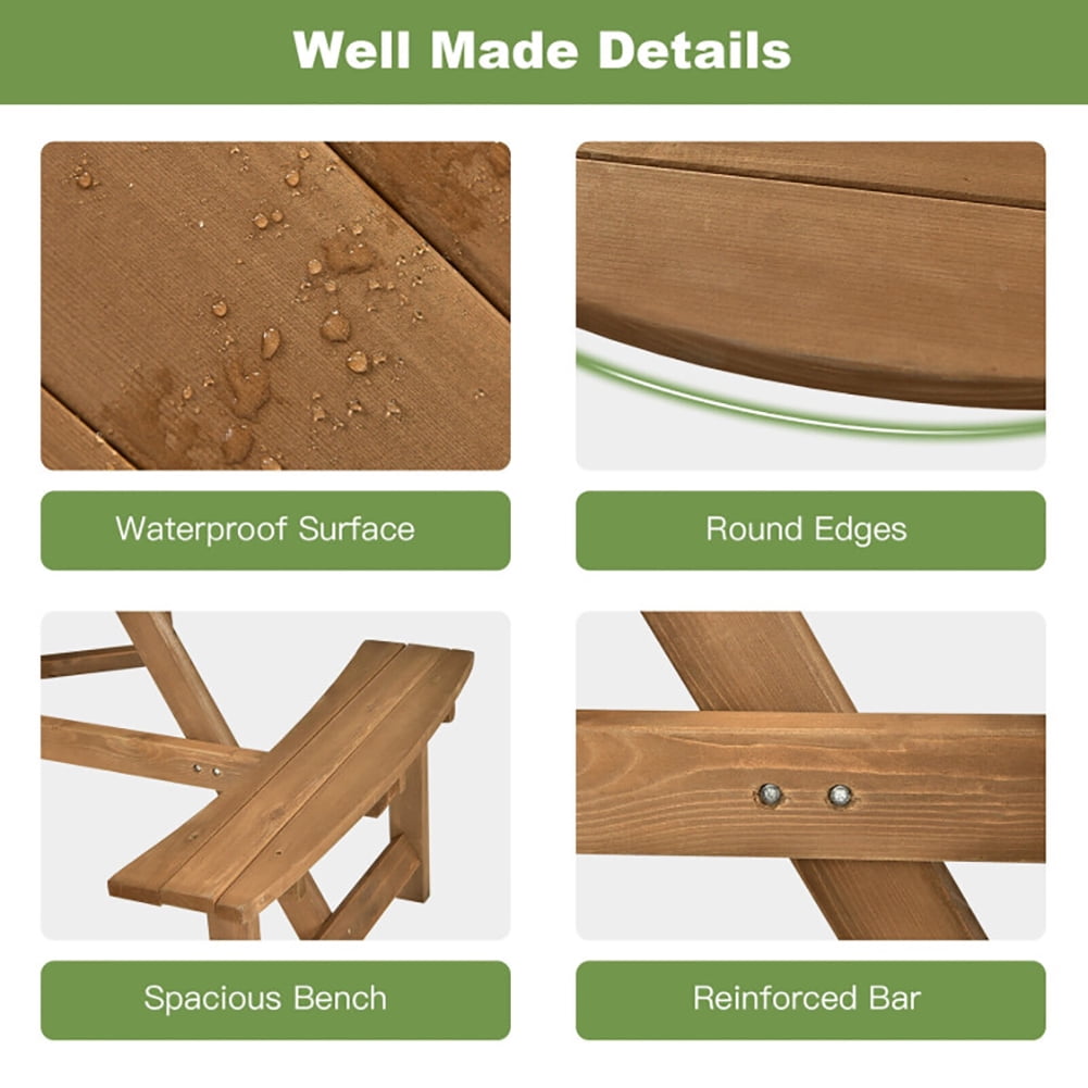 Aimee Lii 6-person Round Wooden Picnic Table with Umbrella Hole and 3 Built-in Benches, Patio Furniture Set, Dark Brown Aimee Lii 6-person Round Wooden Picnic Table with Umbrella Hole and 3 Built-in Benches, Patio Furniture Set, Dark Brown