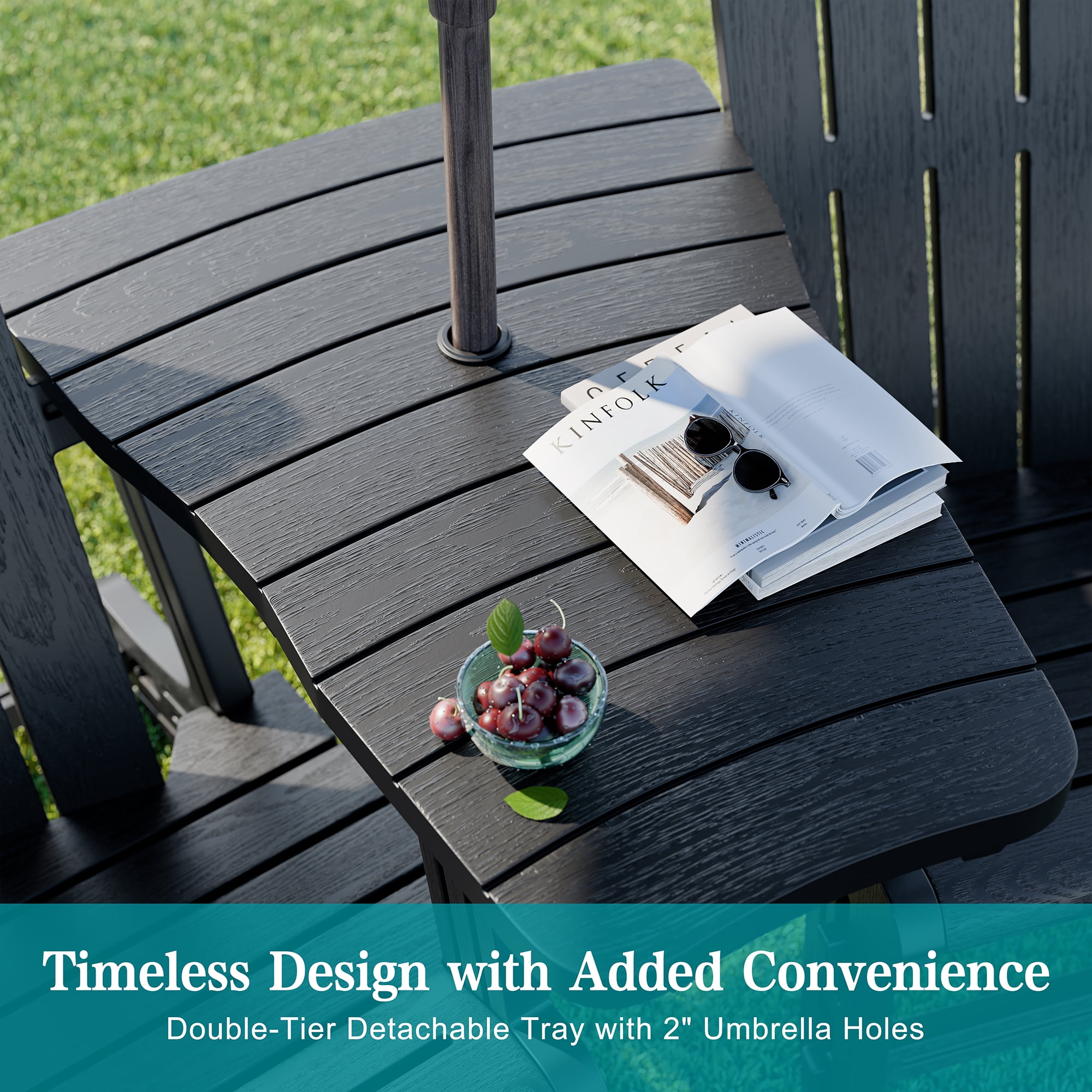 Walsunny Adirondack Chairs Set of 2 Fire Pit Chair Set with Connecting Tray Cup Holder Removable Tabletop,All-Weather HDPE Outdoor Chair Set for Patio Garden Lawn,Black