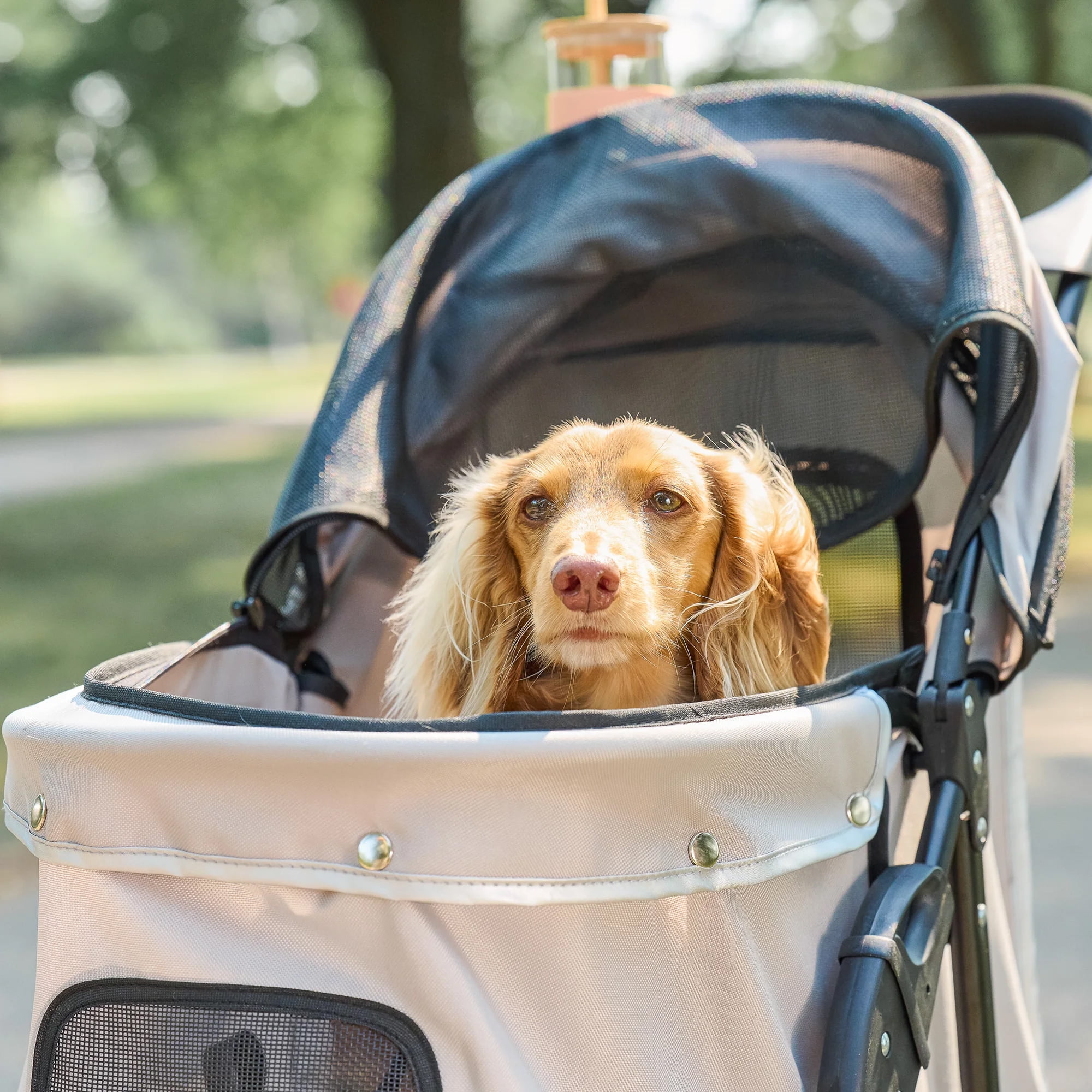 Carlson Portable Pet Stroller with 360 Degree Front Wheel Swivel, Mesh Panels, Umbrella Canopy, Khaki, for Pets Up to 30 lbs