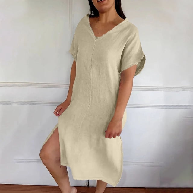 Ndbuld Robes d'Été pour Filles Mode Robe d'Été Décontractée pour Femmes Col en V Manches Courtes Unie Robe de Plage Robe à Fente Liquidation à Moins de 5 $