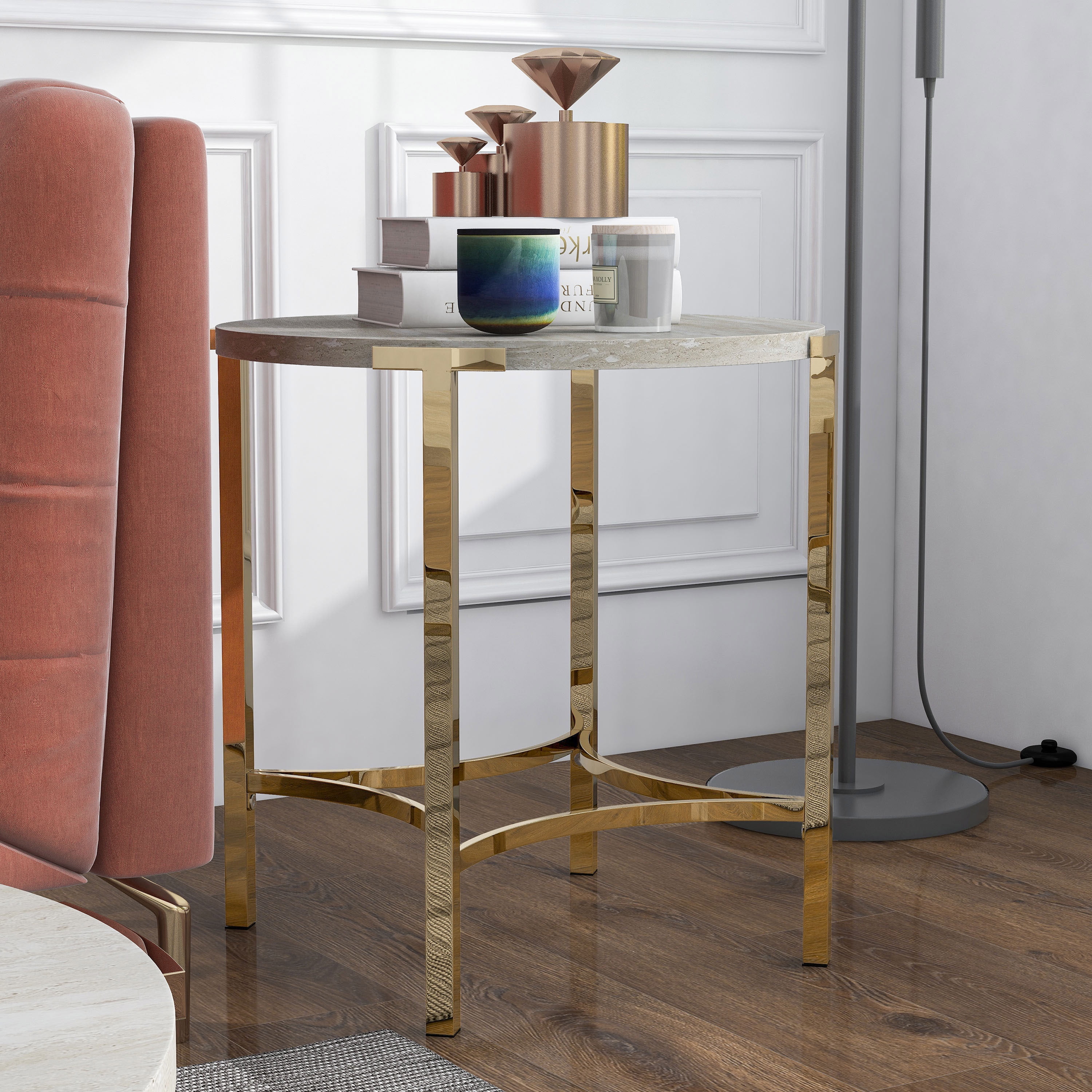 Furniture of America Heure Round Metal Champagne and White End Table