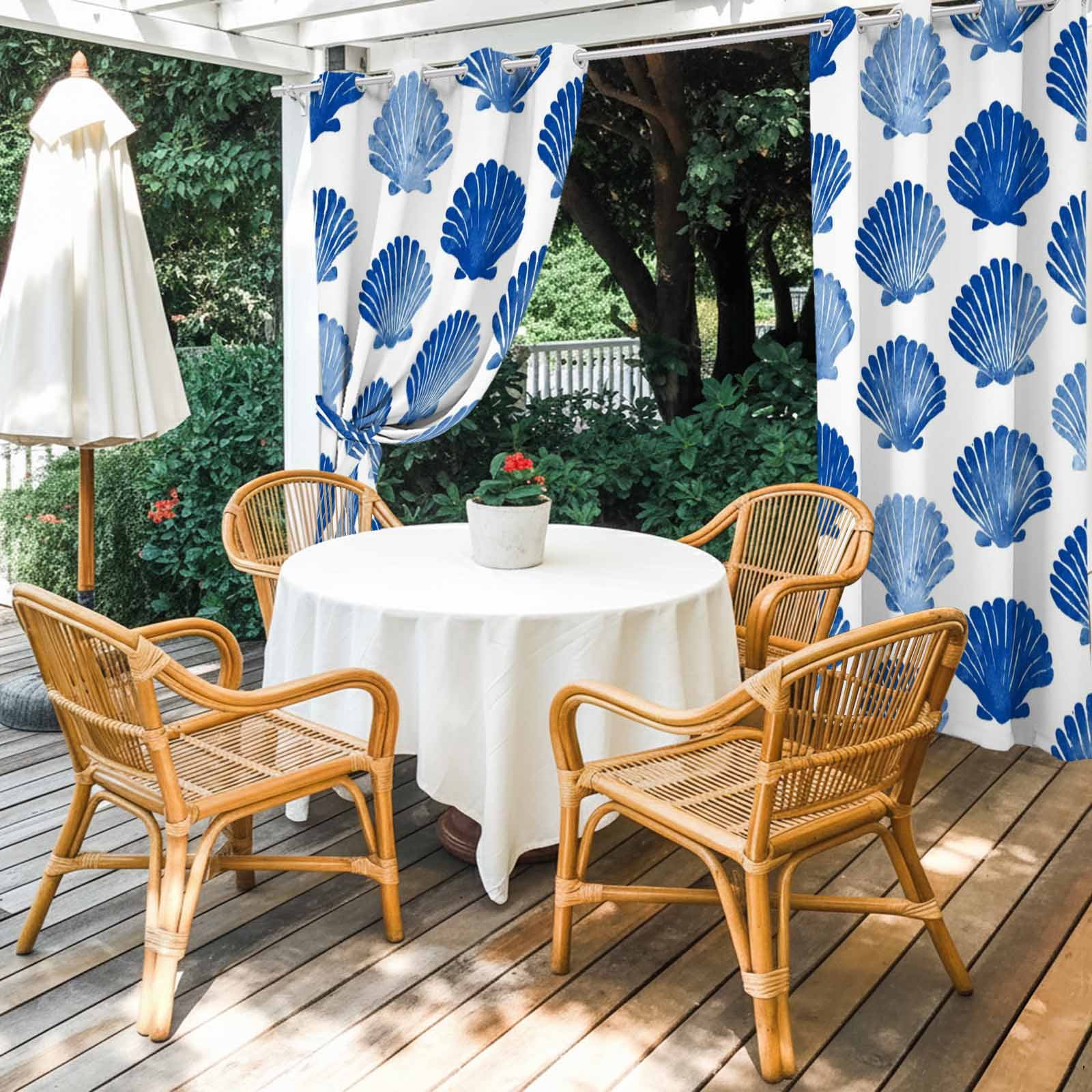 Blue Scallops Shell Outdoor Curtains for Patio, Sea Ocean Coastal Nature Summer Sunshade Privacy Drapes Grommet Waterproof Outside Curtains for Porch/Cabana/Balcony 54"x 108", 1 Panel