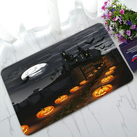 PHFZK Full Moon Doormat, Halloween Wizard Pumpkin Castle Doormat Outdoors/Indoor Doormat Home Floor Mats Rugs Size 30x18 inches