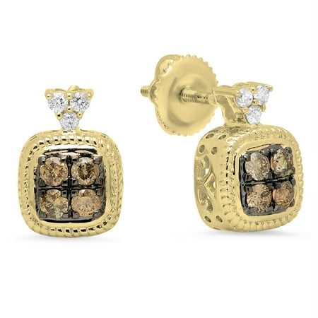 Gold Champagne Diamond Earrings - 0.45 Carat (ctw) 14K Gold Round Champagne & White Diamond Ladies Stud Earrings 1/2 CT