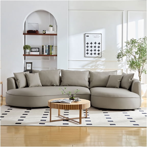 JERFIT Modern 5-Seat Curved Sofa with Chaise, Light Grey Bonded Leather Sectional Couch for Living Room and Apartment