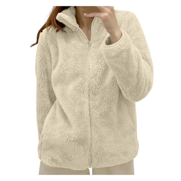 2025 Women's Solid Color Jacket Zipper Front Jacket Collar Zip Up Cozy Fleece Cardigan Outerwear Face Jacket Women Warm Coats for Women Face with