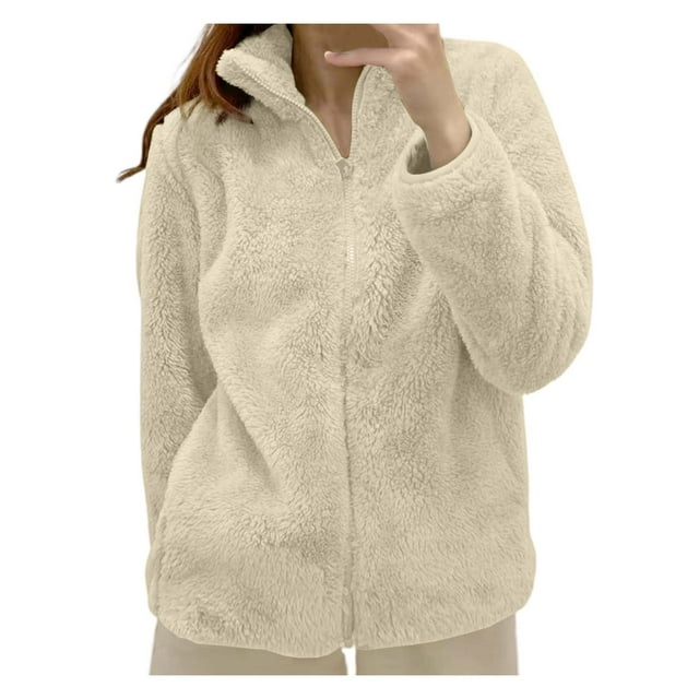 GDREDA Women's Solid Color Jacket Collar Zip Up Cozy Outerwear Light Yellow,S