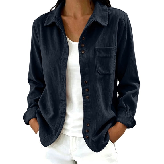 Cagogo Women's Fall Winter Shacket Long Sleeve Button Down Collared Casual Oversized Tops Jacket, Navy M
