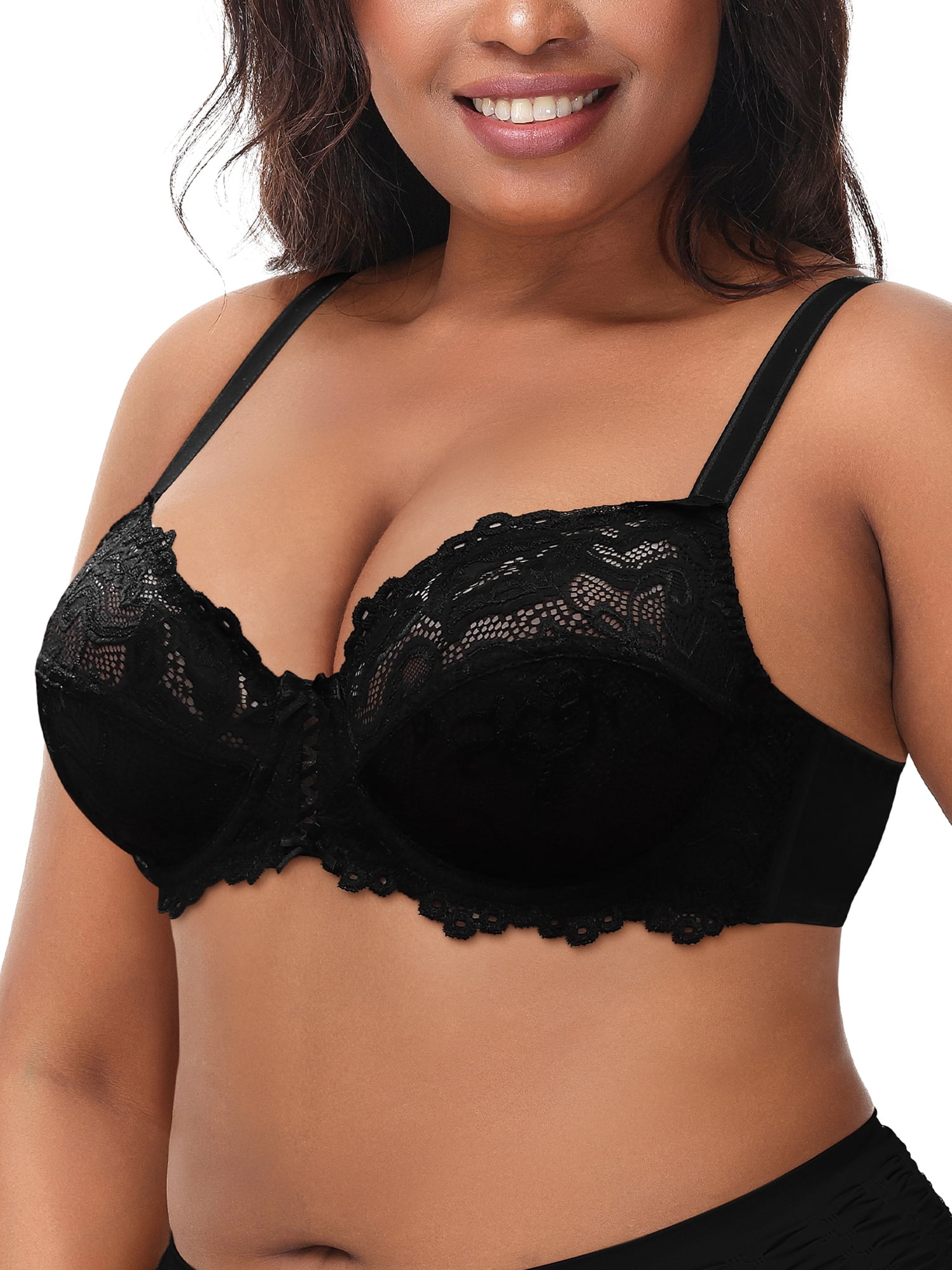 Deyllo Women's Sheer Lace Mesh Bra, Unlined Full Cup, Black 36C