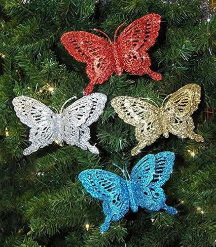 Christmas Tree Ornaments 12pcs Party Home Butterflies Glitter Xmas Hanging Decor 