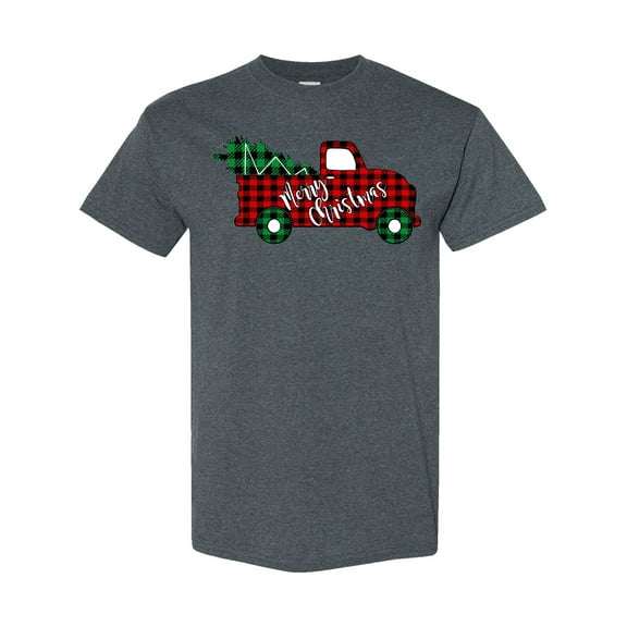 Inktastic Merry Christmas Red Buffalo Plaid Truck with Tree T-Shirt