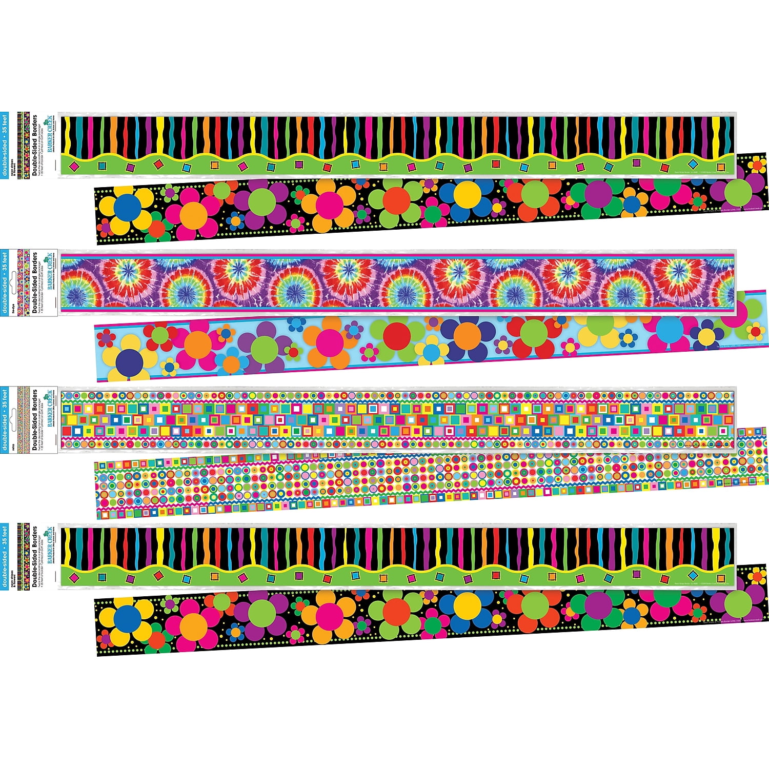 Barker Creek Double-Sided Trim Set of 4, Just Groovy, Mixed-Design, 140 feet of Double-Sided Trim -- 35' Each of Four Designs, Neon Stripes, Tie-Dye, Neon Flowers, and Retro (3532)
