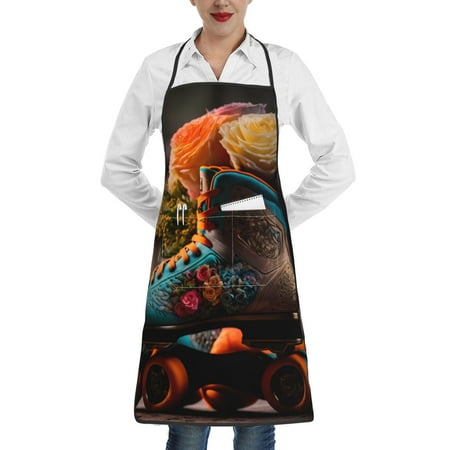 

Qekee Classic Floral Blue Skate Shoes Print Adjustable Bib Apron Resistant with Pocket Cooking Kitchen Aprons for Women Men Server Chef Apron