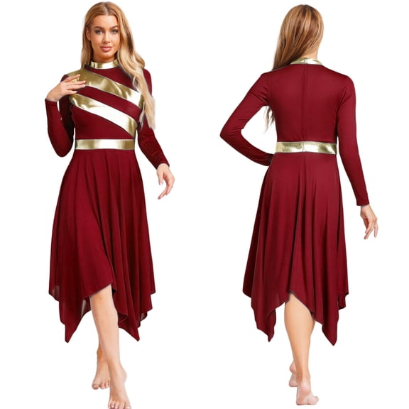 Aislor Women's Praise Dance Dress Lyrical Dancewear Metallic Patchwork Irregular Hem Long Sleeves Color Block Asymmetrical OverlayChurch Worship Dancewear Burgundy M