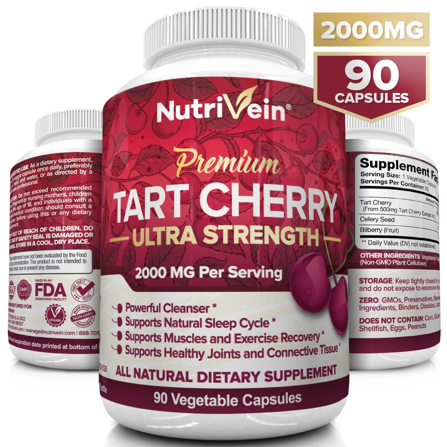 Nutrivein Tart Cherry Capsules 2000mg 90 Vegan Pills Antioxidants