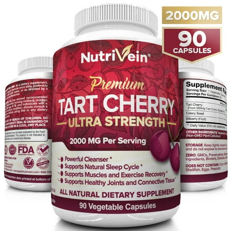 Nutrivein Tart Cherry Capsules 2000mg - 90 Vegan Pills - Antioxidants, Flavonoids - Supports Uric Acid Cleanse, Anti Inflammatory, Muscle Recovery, Joint Pain, Healthy Sleep, Juice Extract (The Best Anti Inflammatory Supplements)