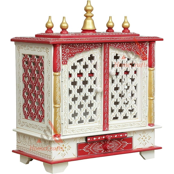 Homecrafts Handpainted Wooden Home Temple/ Mandir/ God Stand/ Pooja Stand/ Home Mandap/ Mandapamwith Doors and Medium Size (White Red) (in Side Partition Shelf) Medium Size- 20x11x24 Inch