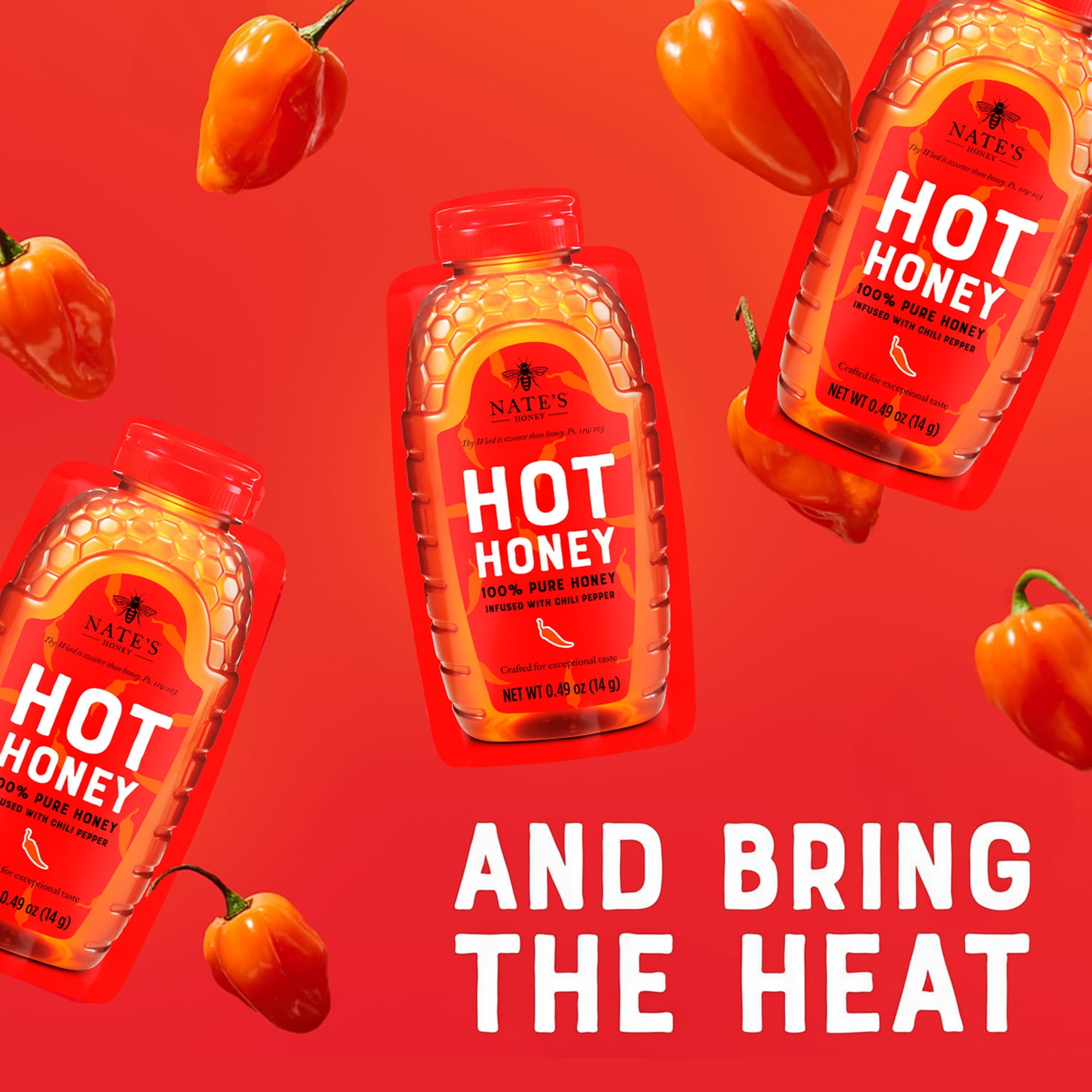 Nate's Hot Honey Minis: 100% Pure Honey & Habanero Chili Pepper - 20 Single Serve Packets