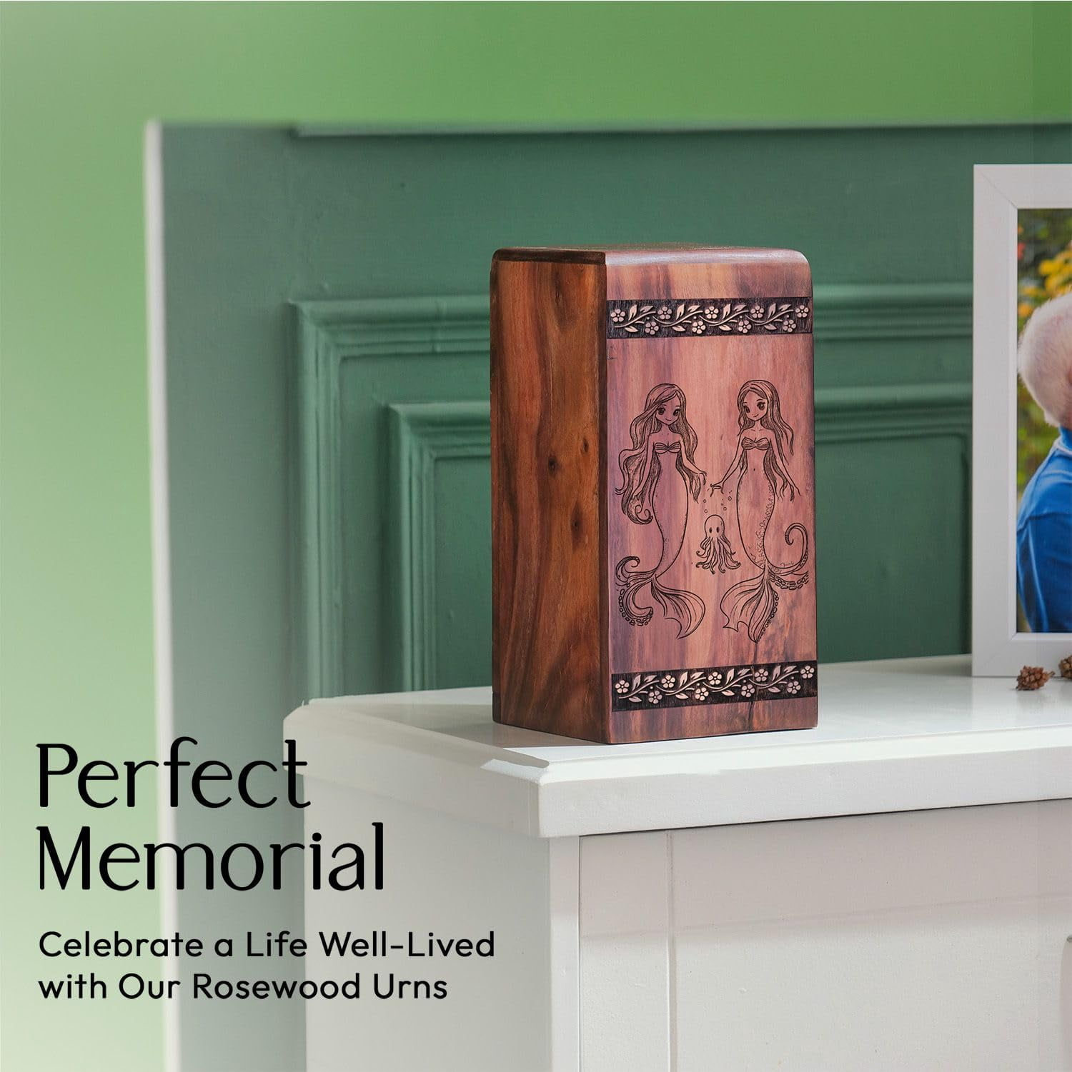 Mermaids Urn - Wooden Mermaid and Octopus Urns for Human Ashes Adult Male - Cremation Urns for Mom - Memorial Keepsake Urns Box - 10Inch, Large Size - Single 1Pcs
