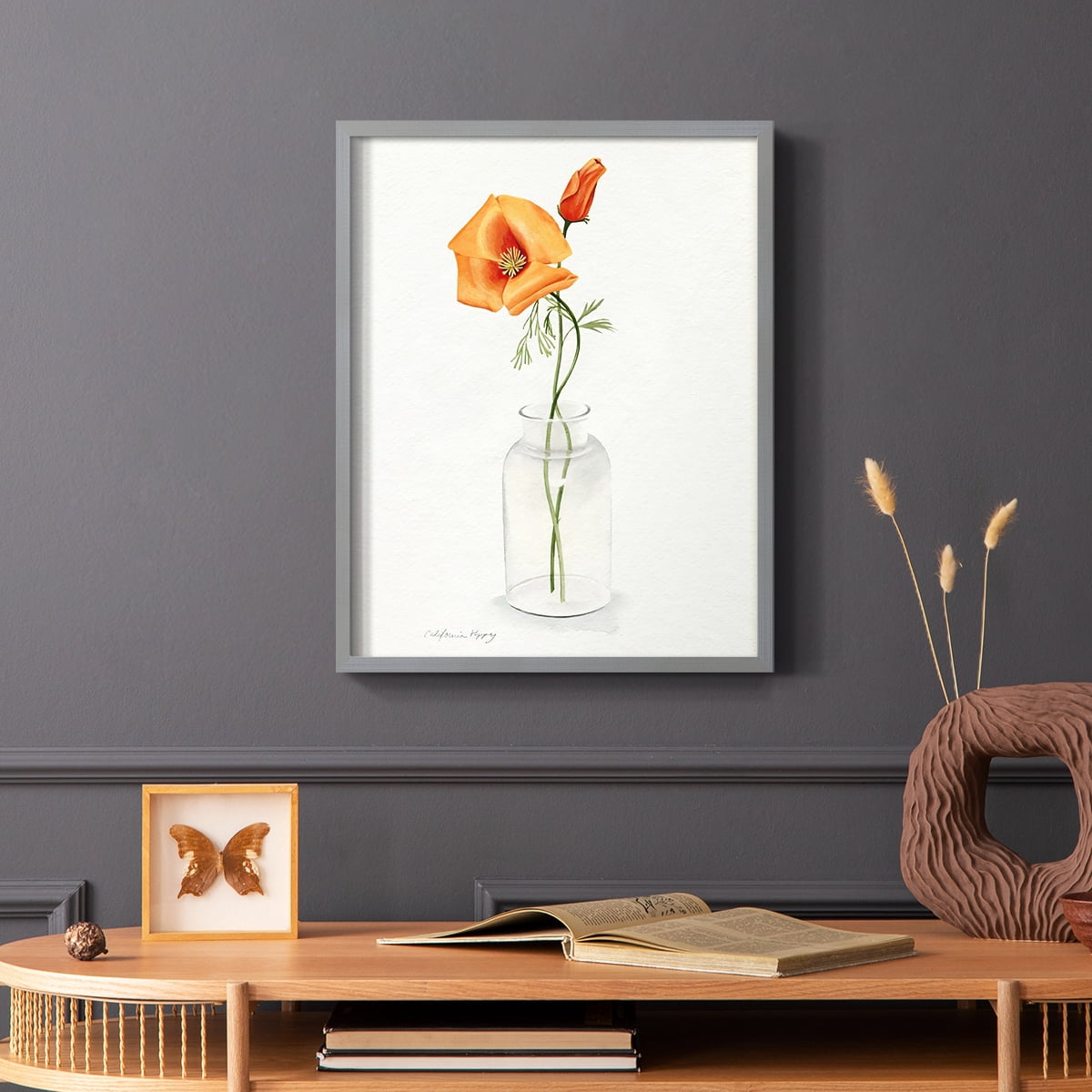 California Poppy Vase I Framed Print in Gray Solid Wood Framed Print No Nail Hanging