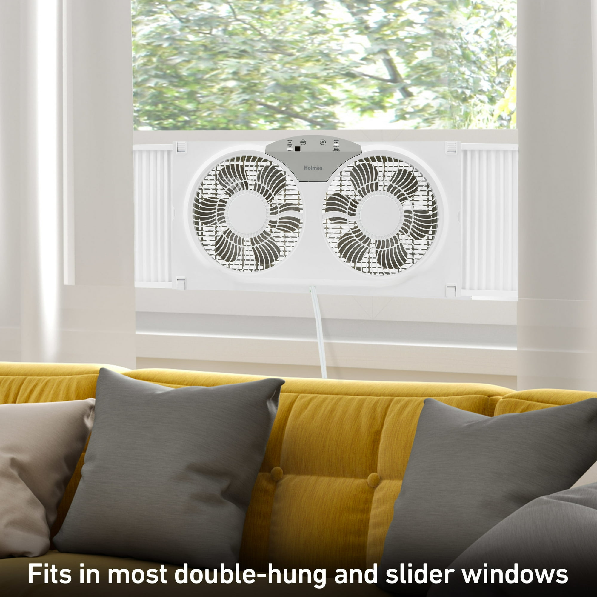 Holmes 9” Digital Window Fan, 3-Speed, Twin Blade, Reversible Airflow, Remote, White