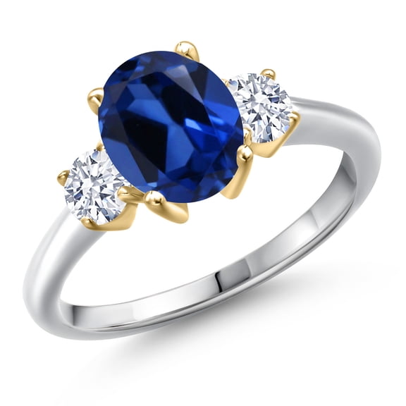 Gem Stone King 925 Silver and 10K Yellow Gold Blue Created Sapphire and White Zirconia Engagement Ring for Women | 2.80 Cttw | Oval 9X7MM | Gemstone September Birthstone | Size 8
