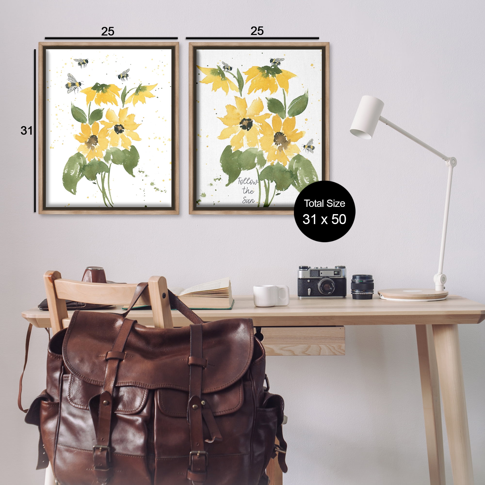 Stupell Industries Follow the Sun Flowers Plants & Flowers Painting Brown Floater Framed Canvas Art Print Wall Art, 31 x 25, Set of 2