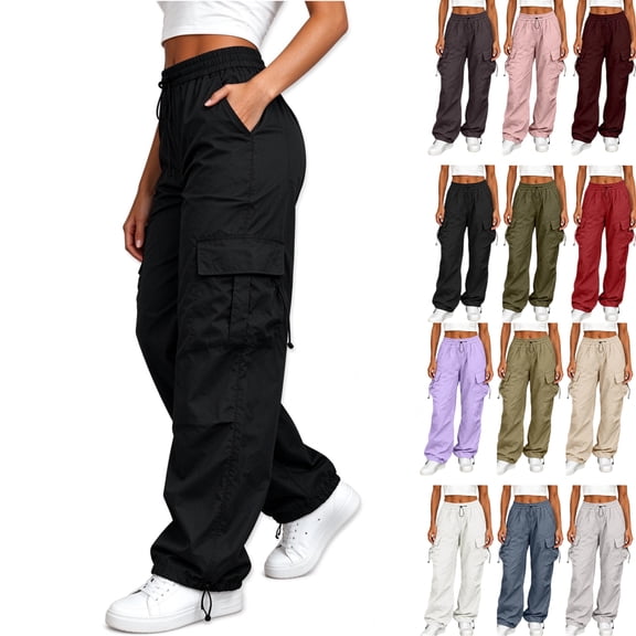 Aloohaidyvio Cargo Pants for Women High Waisted Stretchy Drawstring Casual Wide Leg Pants with Pockets