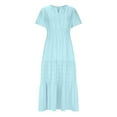 thumbnail image 5 of Womens Summer 2025 Casual Midi Maxi Dresses Solid Color Short Sleeve V Neck Elastic Waist Boho Beach Dress Pocket Light Blue, 5 of 8