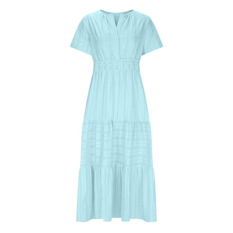 summer pleated dresses KEOMUD Women Maxi Dress Casual Short Sleeve Crewneck Flowy Swing Long Dress with Pockets Beige Small at Amazon Women's Clothing store versatile styles Marilyn Monroe white summer pleated
